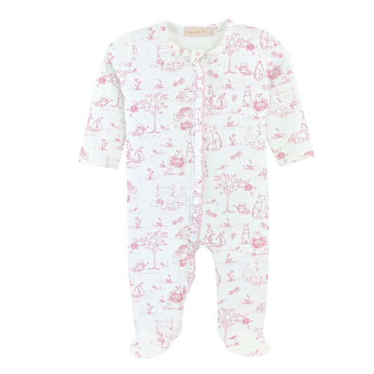 Pink Toile Bunnies Zipper Footie W/Ruffles