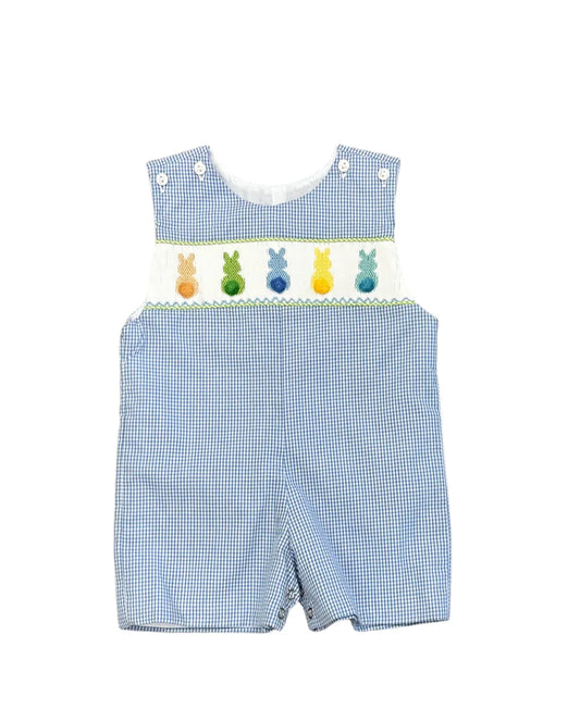 Lt Blue and White Checked Smocked Bunny Shortall