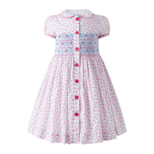 Pink Floral Smocked Button Front Dress