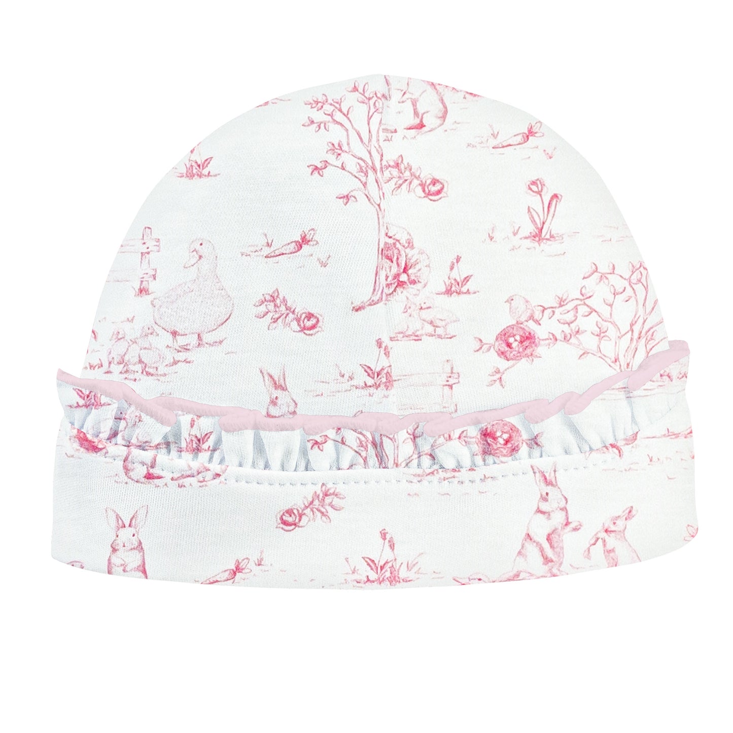 Pink Toile Bunnies Hat W/ Ruffle