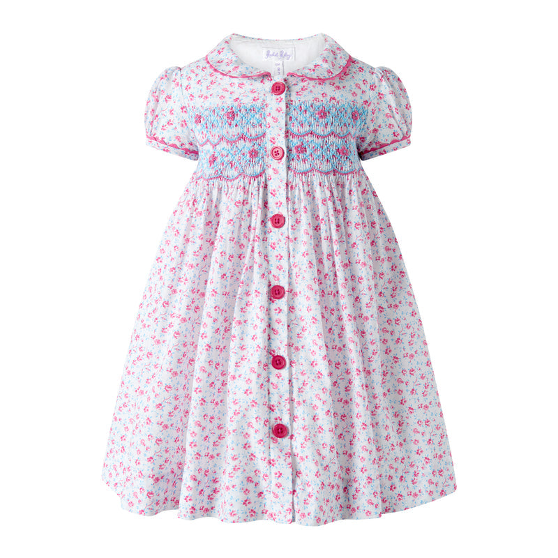 Pink Floral Smocked Button Front Dress & Bloomer Set