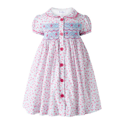 Pink Floral Smocked Button Front Dress & Bloomer Set