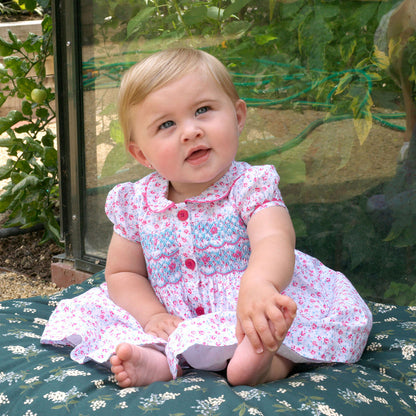 Pink Floral Smocked Button Front Dress & Bloomer Set