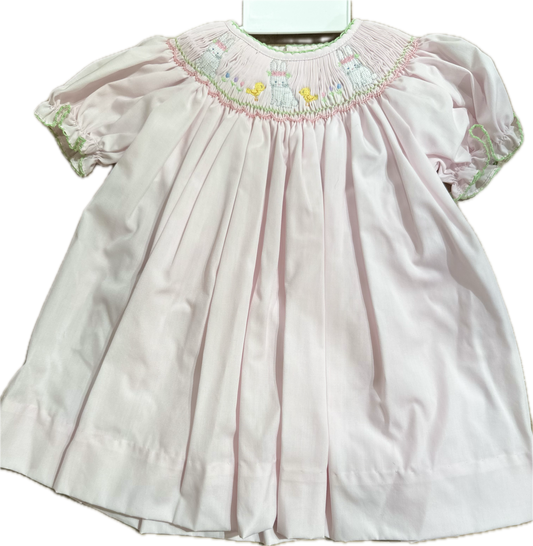 Pink Dress with Smocked Bunnies and Chicks & Bloomer