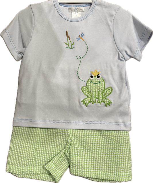 Frog Applique Green and Blue Shirt and Short Set