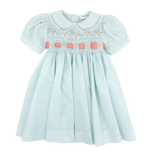 Blue Diana Smock Dress with Pink Satin Ribbon