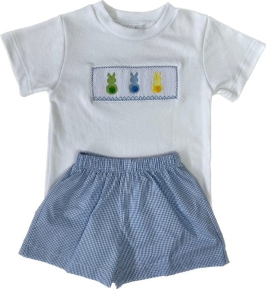 Lt Blue and White Checked Smocked Bunny Short Set