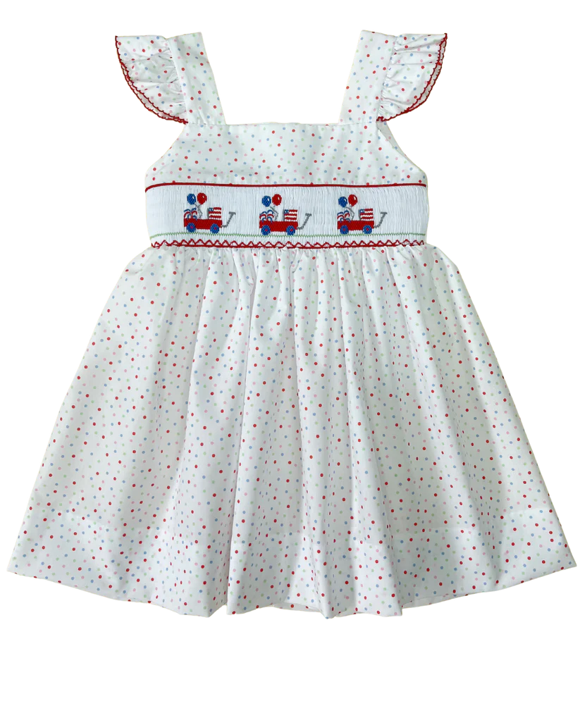 Patriotic Dots Smocked Ruffle Sleeve w/Wagons with Flags & Balloons