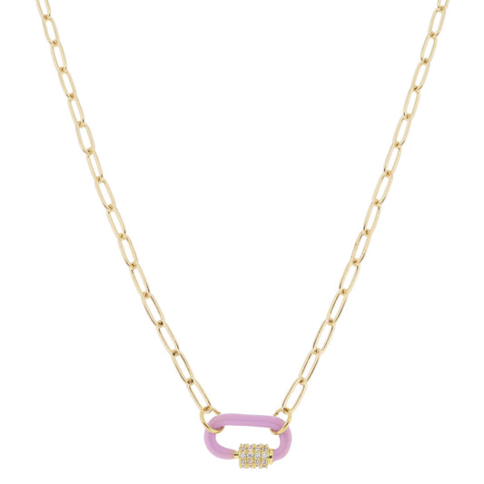 Lavender Enamel Dipped Carabiner With Crystal Pave Latch Necklace, .5" Pendant