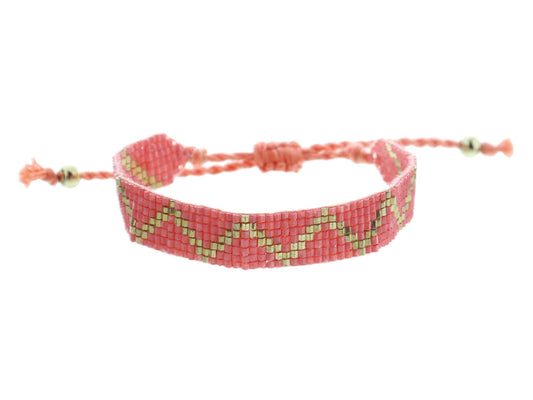 Kids Coral and Gold Zig Zag Woven Beaded Bracelet
