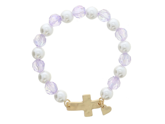 Pearl and Lavendar Beaded Gold Cross/Heart Bracelet