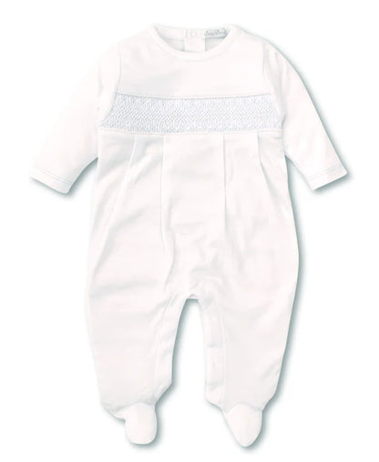 White Footie with Blue Smocking