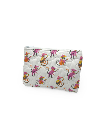 Monkey White Quilted Makeup Bag