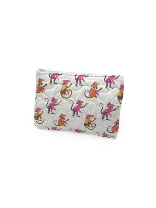 Monkey White Quilted Makeup Bag