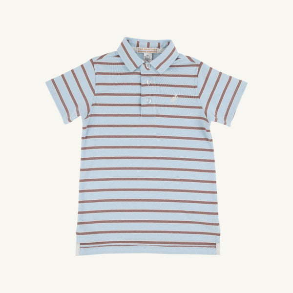 Prim And Proper Polo Short Sleeve - Blue & Brown Stripe