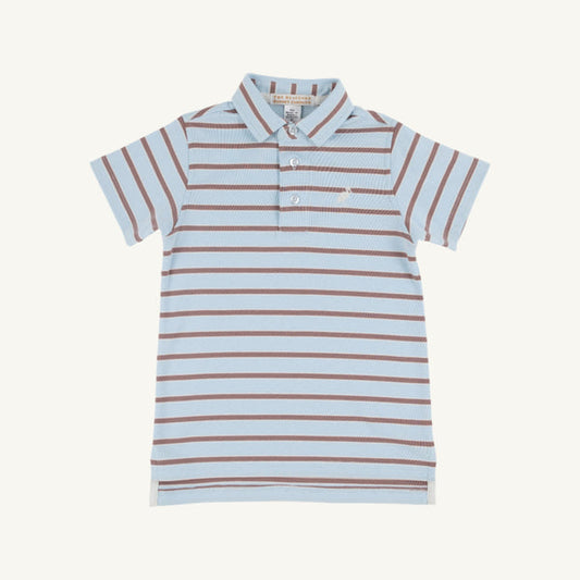Prim And Proper Polo Short Sleeve - Blue & Brown Stripe