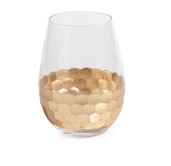 Fez Cut Stemless Wine Glass w/ Gold Leaf