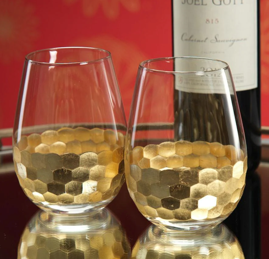 Fez Cut Stemless Wine Glass w/ Gold Leaf