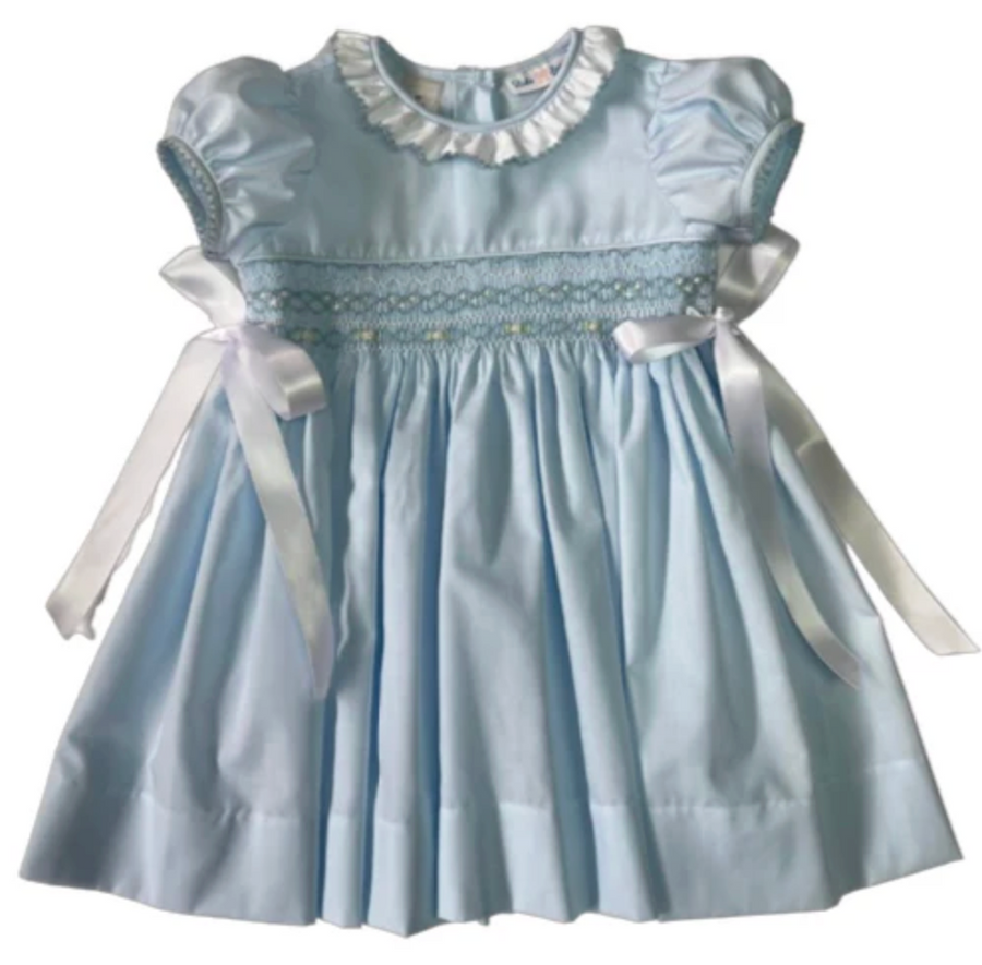 Rose Smocked Dress Blue with Side Bows