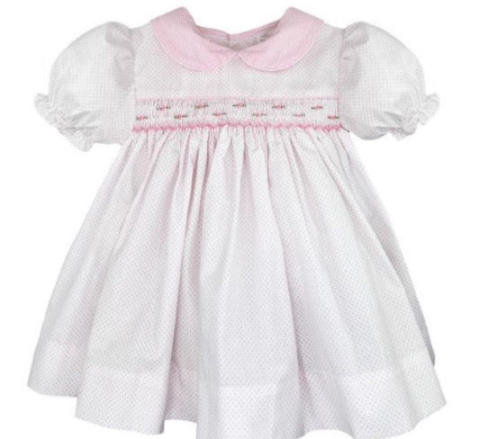 Pink Dot Dress with Smocked Rosebud & Bloomer