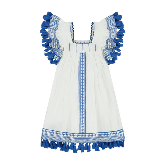 Serena Tassel Dress White Lapis Blue Embroidery