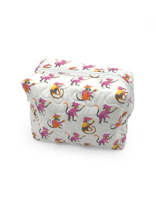 Monkey White Quilted Lg Makeup Bag