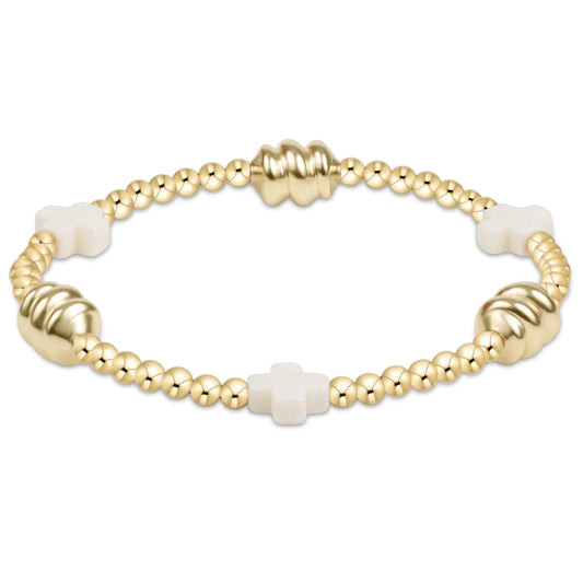 Signature cross admire gold pattern 3mm bead bracelet - off-white