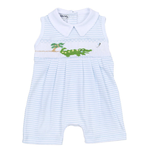 Light Blue Alligator Classics Smocked Collared Sleeveless Short Playsuit