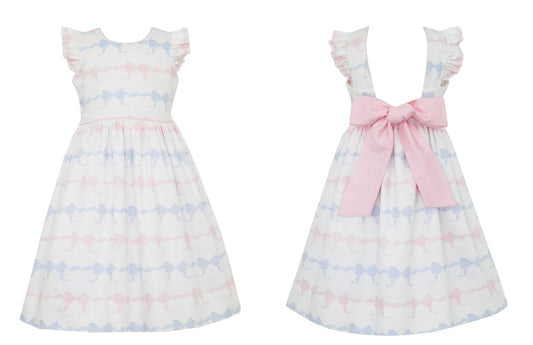 Sleeveless Pink & Blue Fancy Bows Print Dress with Solid Pink Bow on Back