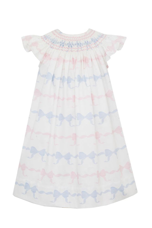 Pink & Blue Fancy Bows Print Angel Wing Smock Dress
