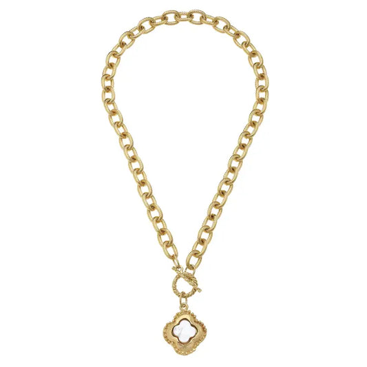 Gold Clover with Pearl on Toggle Necklace