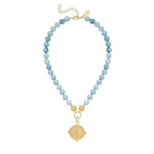 Blue Bead Necklace with Gold Disc