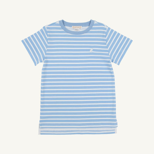 Carter Crewneck - Sarasota Sky Stripe with Worth Avenue White Stork