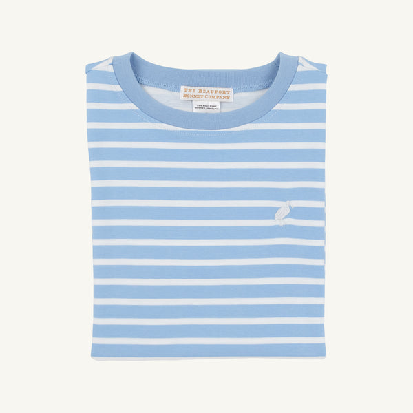 Carter Crewneck - Sarasota Sky Stripe with Worth Avenue White Stork
