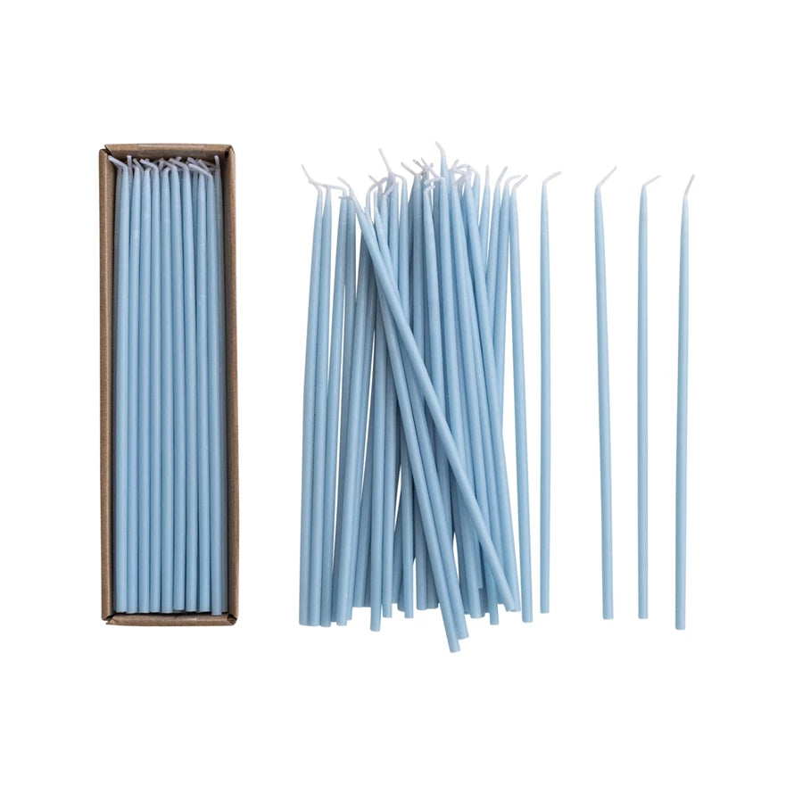 Blue Unscented Thin Taper Candles in Box, Set of 36