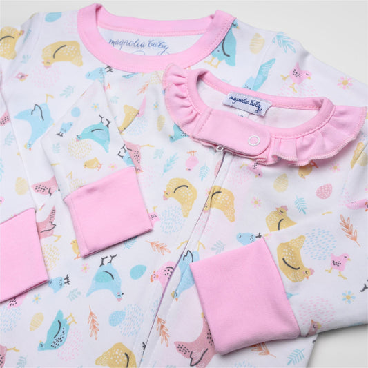 Chickadees Print Ruffle Zip Footie