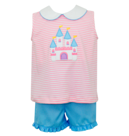 Pink knit stripe girl's short set w/ blue pique shorts and Castle