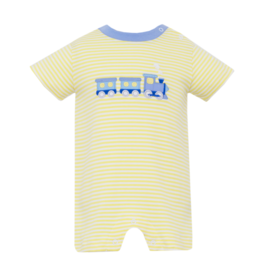 Blue Train on Yellow Striped Knit Romper