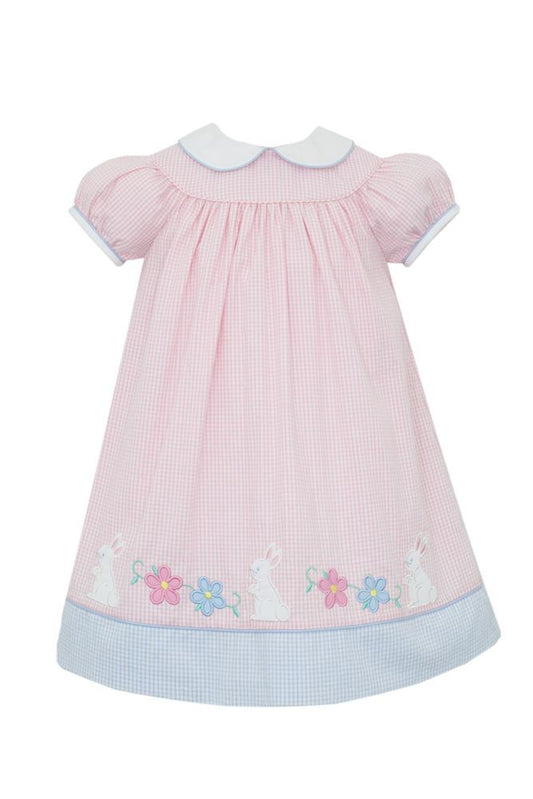 Pink Gingham Seersucker Dress with Blue Border and Bunny