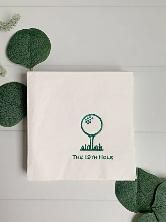 19th Hole Golf Tee Cocktail Napkins - Green on White