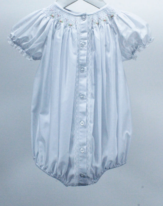 White Bubble w/Lace and Pink Smocked Flowers