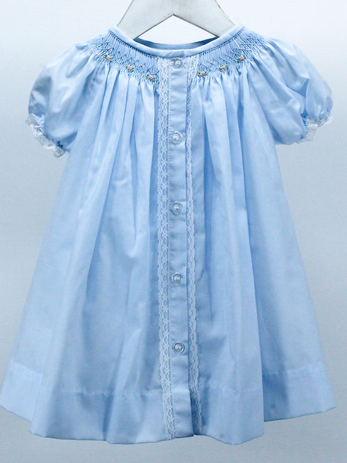 Blue Dress w/Lace and Pink Smocked Flowers