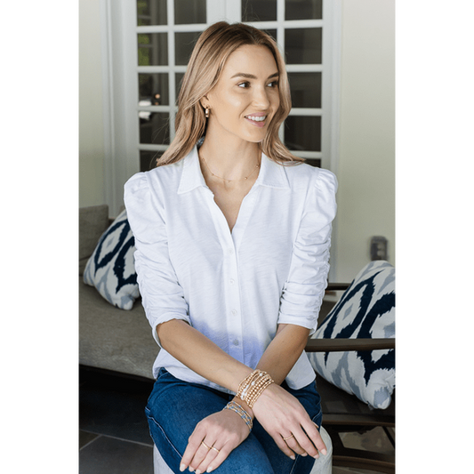 Grace Button-Up Elbow Length White Tee