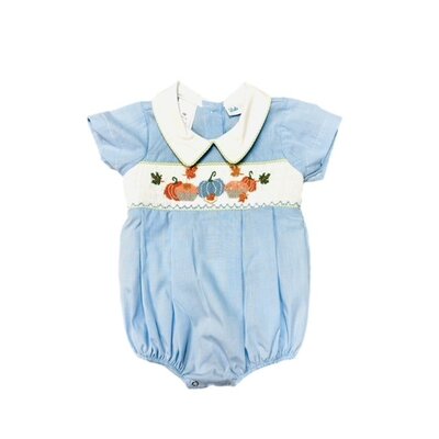 Pumpkin Patch Smocked Lt Blue Gingham Boy Pleated Bubble