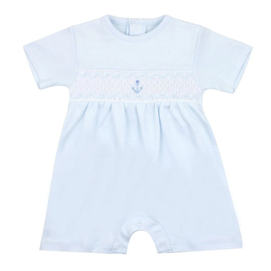Blue Anchors and Stripes Smocked Romper