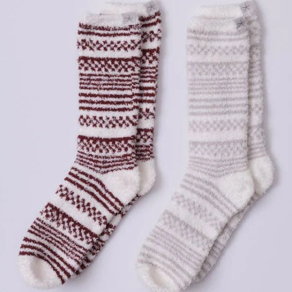 CozyChic Checkered Stripe Sock Set - Crimson/Stone