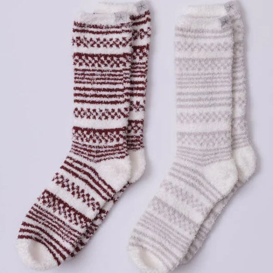 CozyChic Checkered Stripe Sock Set - Crimson/Stone
