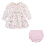 Pink Begonias Print Dress w/ Ruffled Collar