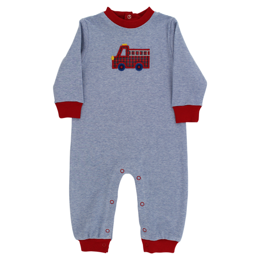 Firetruck Knit Romper Blue Stripe