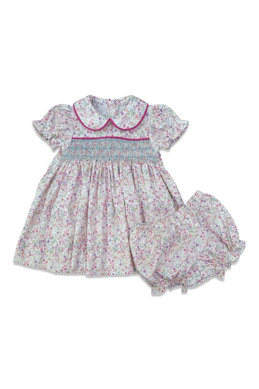 Smocked Day Dress & Bloomer Set Pink & Blue Aster Floral